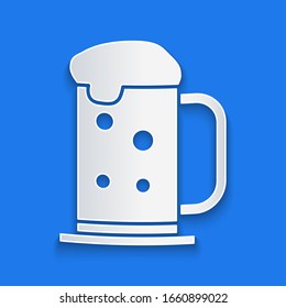 Paper cut Wooden beer mug icon isolated on blue background. Paper art style. Vector Illustration