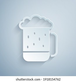 Paper cut Wooden beer mug icon isolated on grey background. Paper art style. Vector.