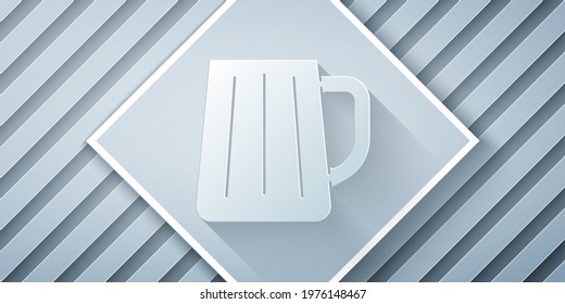 Paper cut Wooden beer mug icon isolated on grey background. Paper art style. Vector