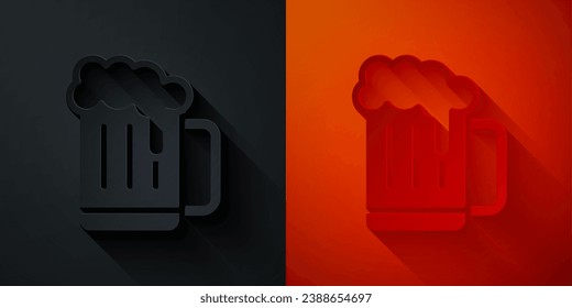 Paper cut Wooden beer mug icon isolated on black and red background. Paper art style. Vector