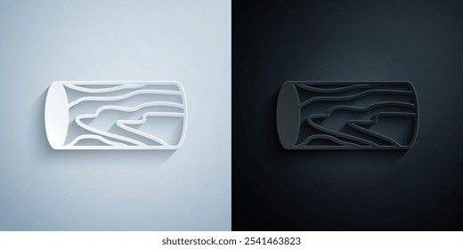 Paper cut Wooden log icon isolated on grey and black background. Stack of firewood. Paper art style. Vector