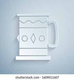 Paper cut Wooden mug icon isolated on grey background. Paper art style. Vector Illustration