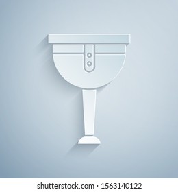 Paper cut Wooden pirate leg icon isolated on grey background. Paper art style. Vector Illustration