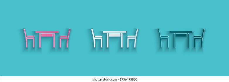 Paper cut Wooden table with chair icon isolated on blue background. Paper art style. Vector Illustration