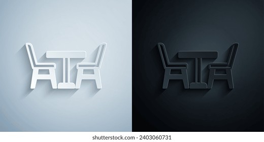 Paper cut Wooden table with chair icon isolated on grey and black background. Paper art style. Vector