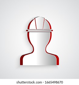 Paper cut Worker safety helmet icon isolated on grey background. Paper art style. Vector Illustration