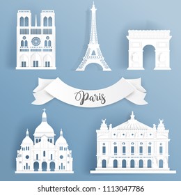 Paper cut of world famous landmark elements of Paris, France, cathedral, Eiffel tower. Vector illustration.