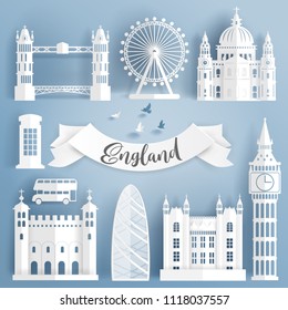 Paper cut of world famous landmark elements of London,England Vector illustration.