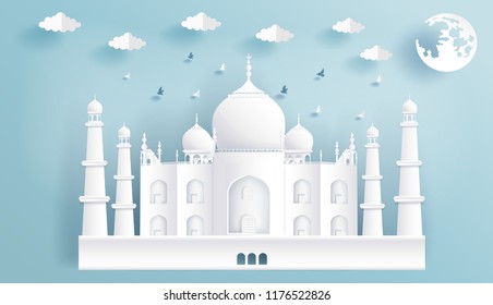 Paper cut of world famous landmarks of India, Taj Mahal in paper art style vector illustration.