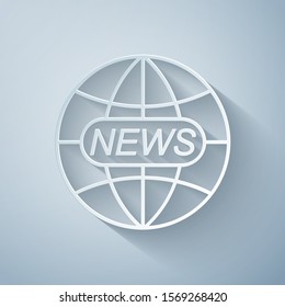 Paper cut World and global news concept icon isolated on grey background. World globe symbol. News sign icon. Journalism theme, live news. Paper art style. Vector Illustration