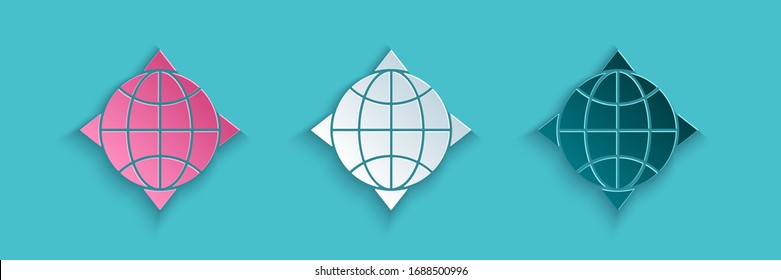 Paper cut World globe with compass icon isolated on blue background. Paper art style. Vector Illustration