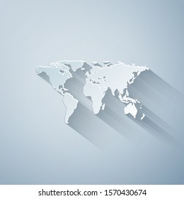 Paper cut World map icon isolated on grey background. Paper art style. Vector Illustration