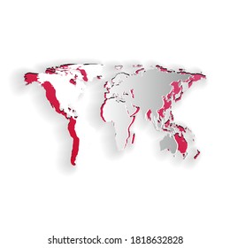 Paper cut World map icon isolated on white background. Paper art style. Vector.