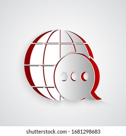 Paper cut World map made from speech bubble icon isolated on grey background. Global communication scheme on Earth. Paper art style. Vector Illustration