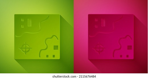 Papier geschnitten Weltkarte mit Flugzeugen Symbol einzeln auf grünem und rosafarbenem Hintergrund. Kunststil aus Papier. Vektorgrafik
