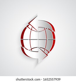 Paper cut Worldwide icon isolated on grey background. Pin on globe. Paper art style. Vector Illustration