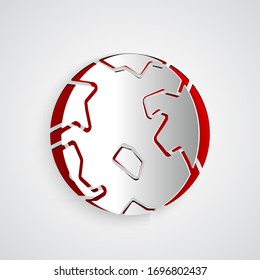 Paper cut Worldwide icon isolated on grey background. Pin on globe. Paper art style. Vector Illustration