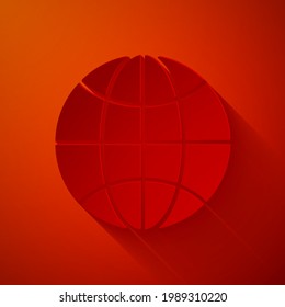 Paper cut Worldwide icon isolated on red background. Pin on globe. Paper art style. Vector Illustration