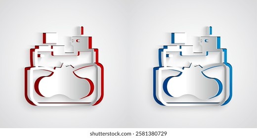 Paper cut Wrecked oil tanker ship icon isolated on grey background. Oil spill accident. Crash tanker. Pollution Environment concept. Paper art style. Vector