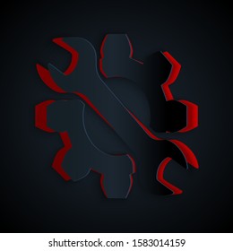 Paper cut Wrench and gear icon isolated on black background. Adjusting, service, setting, maintenance, repair, fixing. Paper art style. Vector Illustration