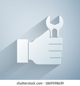 Paper cut Wrench spanner icon isolated on grey background. Paper art style. Vector