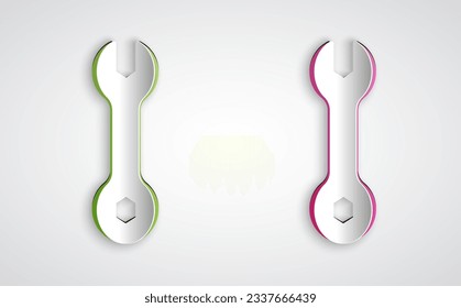 Paper cut Wrench spanner icon isolated on grey background. Spanner repair tool. Service tool symbol. Paper art style. Vector