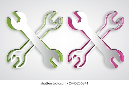 Paper cut Wrench spanner icon isolated on grey background. Spanner repair tool. Service tool symbol. Paper art style. Vector
