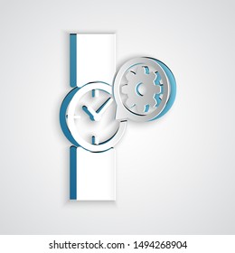 Paper cut Wrist watch and gear icon isolated on grey background. Adjusting app, service concept, setting options, maintenance, repair, fixing. Paper art style. Vector Illustration Paper cut Wrist watch and gear icon isolated on grey background. Adjusting app, service concept, setting options, maintenance, repair, fixing. Paper art style. Vector Illustration