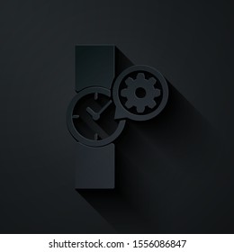 Paper cut Wrist watch and gear icon isolated on black background. Adjusting app, service concept, setting options, maintenance, repair, fixing. Paper art style. Vector Illustration