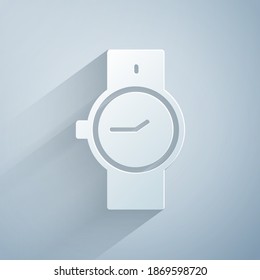 Paper cut Wrist watch icon isolated on grey background. Wristwatch icon. Paper art style. Vector