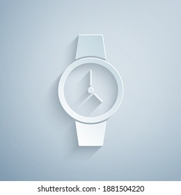 Paper cut Wrist watch icon isolated on grey background. Wristwatch icon. Paper art style. Vector.