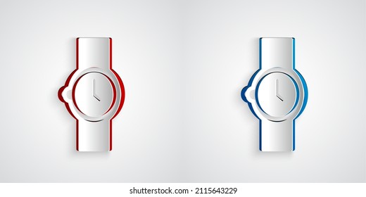 Icono de reloj de pulsera de corte de papel aislado en fondo gris. Icono de reloj de pulsera. Estilo de arte de papel. Vector