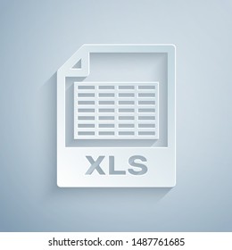 Paper cut XLS file document. Download xls button icon isolated on grey background. Excel file symbol. Paper art style. Vector Illustration