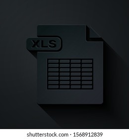 Paper cut XLS file document. Download xls button icon isolated on black background. Excel file symbol. Paper art style. Vector Illustration
