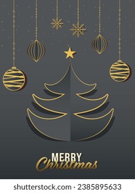 Paper Cut Xmas Tree with Golden Star, Hanging Baubles and Snowflakes on Grey Background for Merry Christmas Celebration.