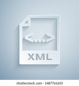 Paper cut XML file document. Download xml button icon isolated on grey background. XML file symbol. Paper art style. Vector Illustration