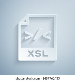 Paper cut XSL file document. Download xsl button icon isolated on grey background. Excel file symbol. Paper art style. Vector Illustration