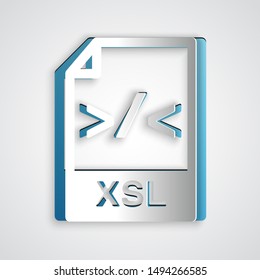 Paper cut XSL file document. Download xsl button icon isolated on grey background. Excel file symbol. Paper art style. Vector Illustration