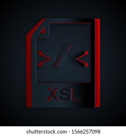 Paper cut XSL file document. Download xsl button icon isolated on black background. Excel file symbol. Paper art style. Vector Illustration