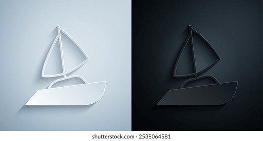 Icono de velero de yate o barco de vela aislado sobre fondo gris y negro. Viaje de crucero marino de velero. Estilo de arte de papel. Vector