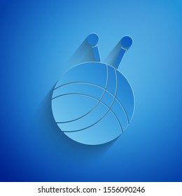 Paper cut Yarn ball with knitting needles icon isolated on blue background. Label for hand made, knitting or tailor shop. Paper art style. Vector Illustration