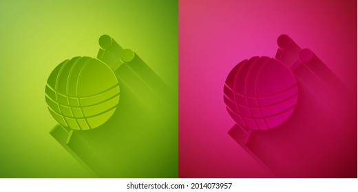 Paper cut Yarn ball with knitting needles icon isolated on green and pink background. Label for hand made, knitting or tailor shop. Paper art style. Vector Illustration