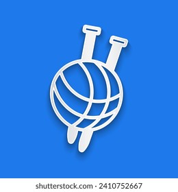 Paper cut Yarn ball with knitting needles icon isolated on blue background. Label for hand made, knitting or tailor shop. Paper art style. Vector