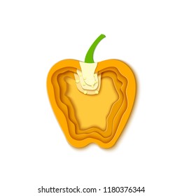 Paper cut yellow pepper. Vector paper cut design in the form of Sweet orange pepper for design of food packaging. Vector illustration. Paper art style paprika. Origami concept