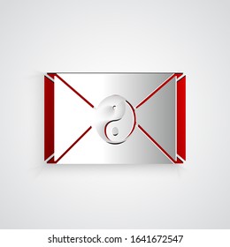Paper cut Yin Yang and envelope icon isolated on grey background. Symbol of harmony and balance. Paper art style. Vector Illustration