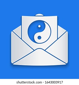 Paper cut Yin Yang and envelope icon isolated on blue background. Symbol of harmony and balance. Paper art style. Vector Illustration