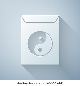 Paper cut Yin Yang and envelope icon isolated on grey background. Symbol of harmony and balance. Paper art style. Vector Illustration