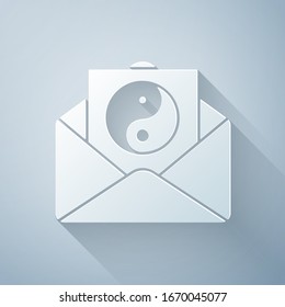 Paper cut Yin Yang and envelope icon isolated on grey background. Symbol of harmony and balance. Paper art style. Vector Illustration