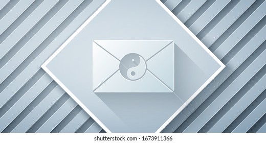 Paper cut Yin Yang and envelope icon isolated on grey background. Symbol of harmony and balance. Paper art style. Vector Illustration