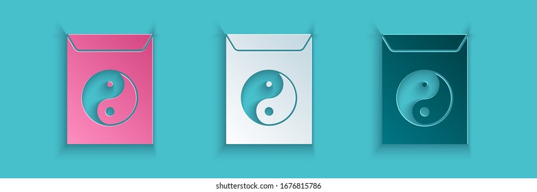 Paper cut Yin Yang and envelope icon isolated on blue background. Symbol of harmony and balance. Paper art style. Vector Illustration